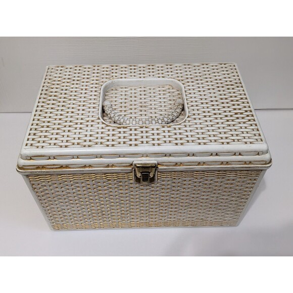 Vintage Sewing Box Wilson Wil-Hold Basket Weave Design White & Gold NO TRAYS - Picture 3 of 9